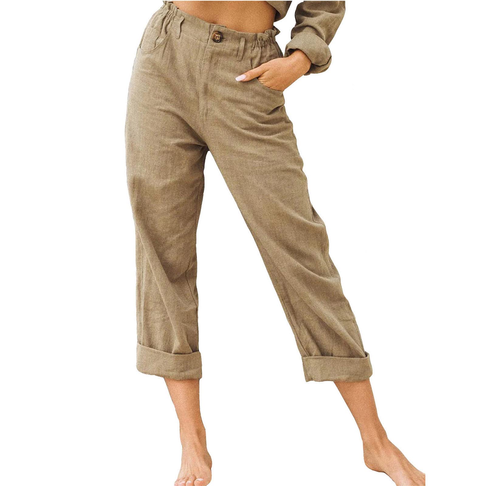 Cropped Pants Linen Pants for Women Summer Casual Pockets Cotton
