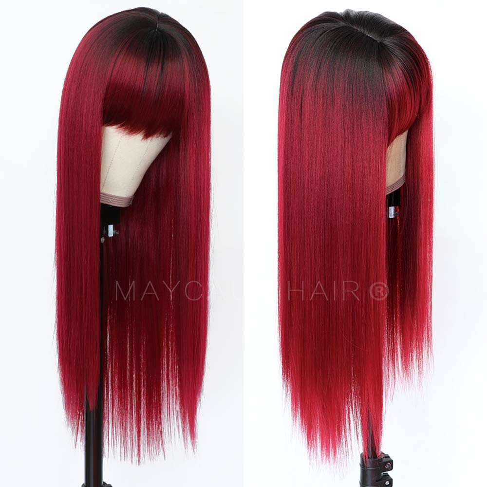 Maycaur Red Color Synthetic Hair Wigs with Full Bangs Black Red