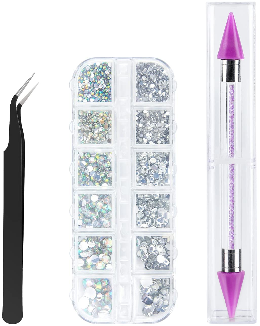 Over 3000 Pieces Flat Back Gems Nail Art Assorted Shapes Rhinestones 6 Sizes (1.5-6 mm) + Pick Up Tweezer, Pick Up Pencils for Crafts Face Jewels