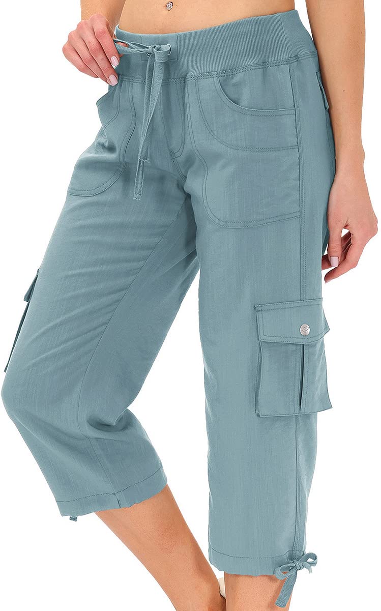 Fashnice Ladies Cargo Pant Drawstring Elastic Waist Cropped Trousers High  Waisted Capri Pants Loose Fit Dailywear Bottoms Grey Blue XL