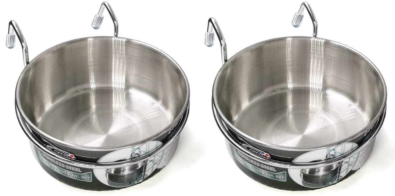 2 Pcs Large Pet Dog Food Water Bowls - Stainless Steel Hanging Kennel Bowls