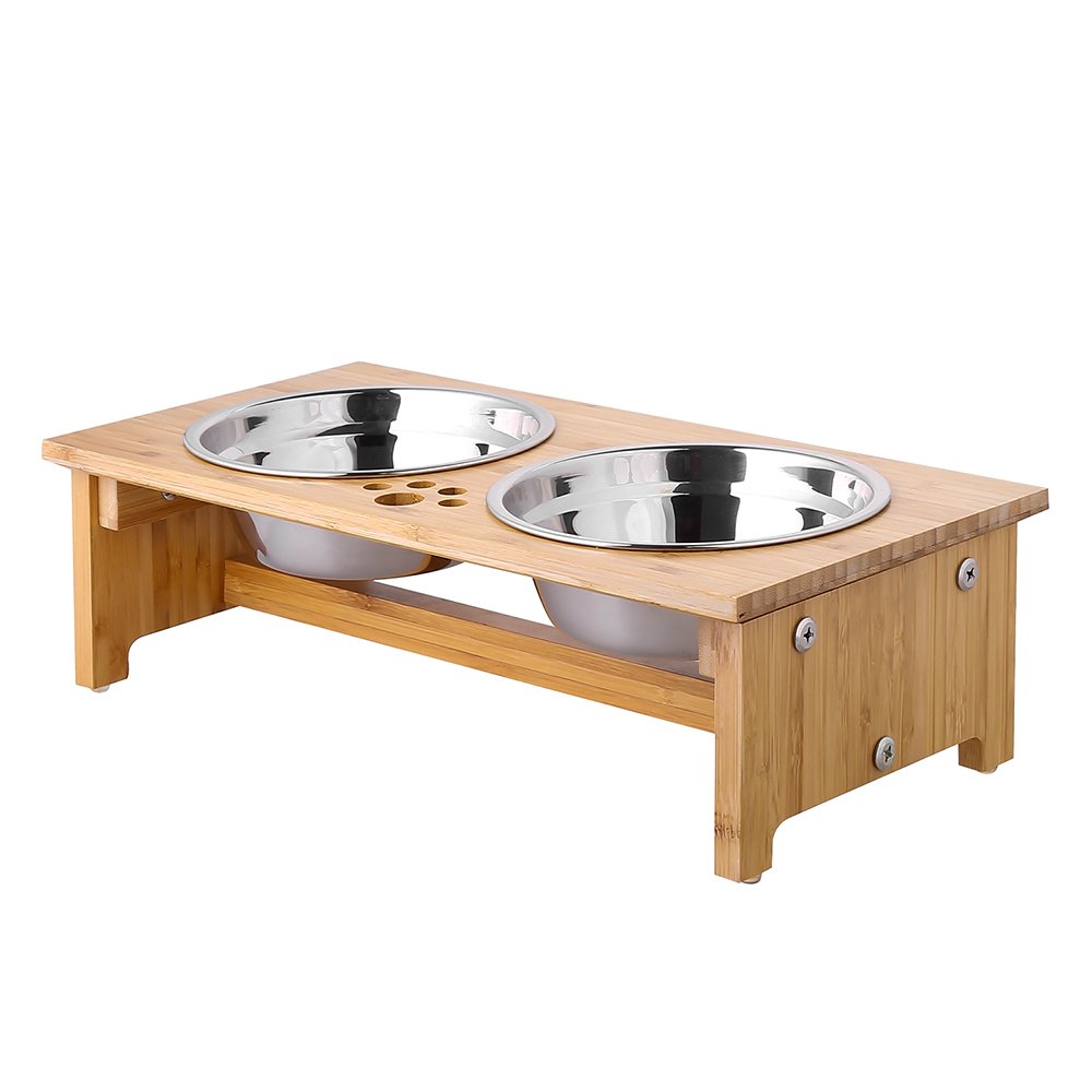 Elevated Dog and Cat Bowls, 6 Adjustable Heights Raised Food Water Feeder  Bowl with Stand in Wood Color