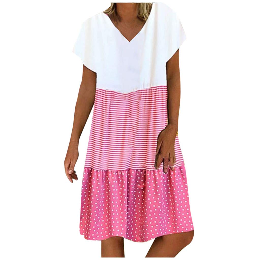 Womens Summer Stripe Maxi Dress Short Sleeve V Neck Casual Loose