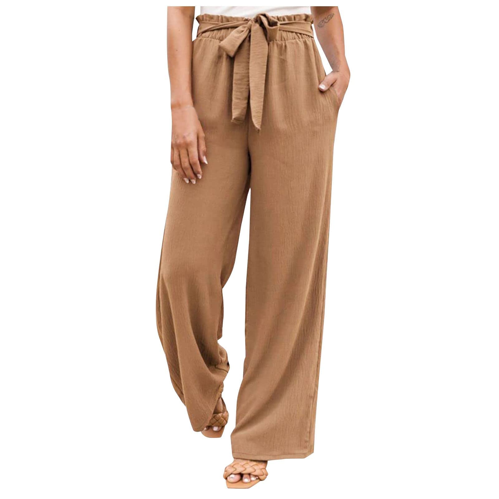 Women's Elastic High Waisted Pants Cotton Linen Palazzo Pants Casual Loose  Wide Leg Straight Pleats Trousers, Beige, Small : : Clothing,  Shoes & Accessories