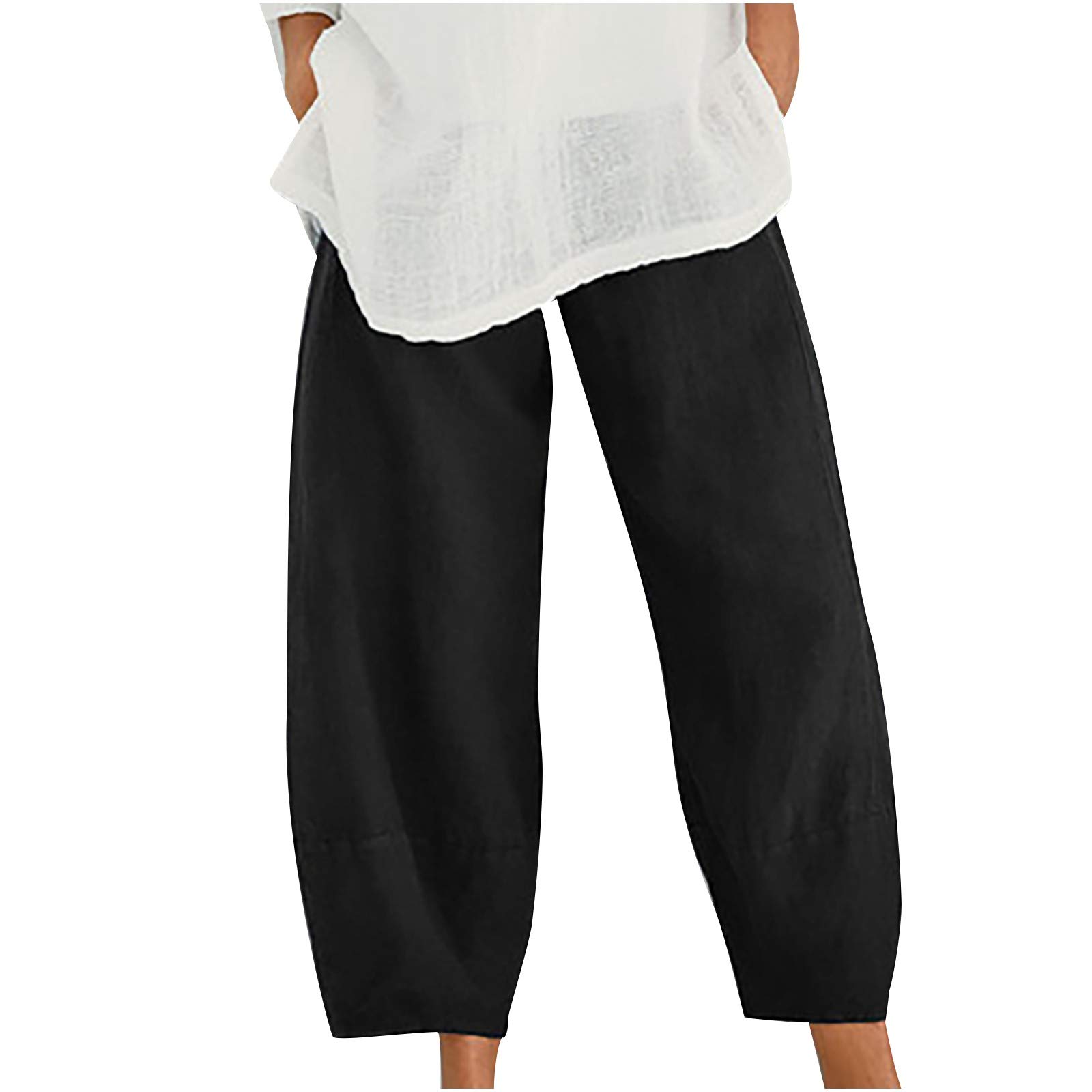 Womens Summer Capri Pants Elastic Waist Cotton Linen Wide Leg Capris Lounge  Cropped Beach Pants Trousers with Pockets 