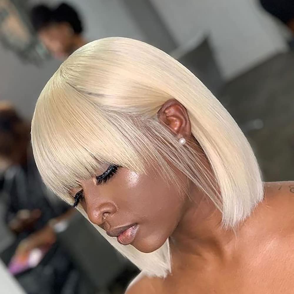 Amazon.com : Stylqueen Highlight Short Bob Ombre Honey Blonde Brown None  Lace Front Wigs with Bangs Human Hair for Black Women 4/27 Color Straight  Brazilian Virgin Full Machine Made Human Hair Wigs