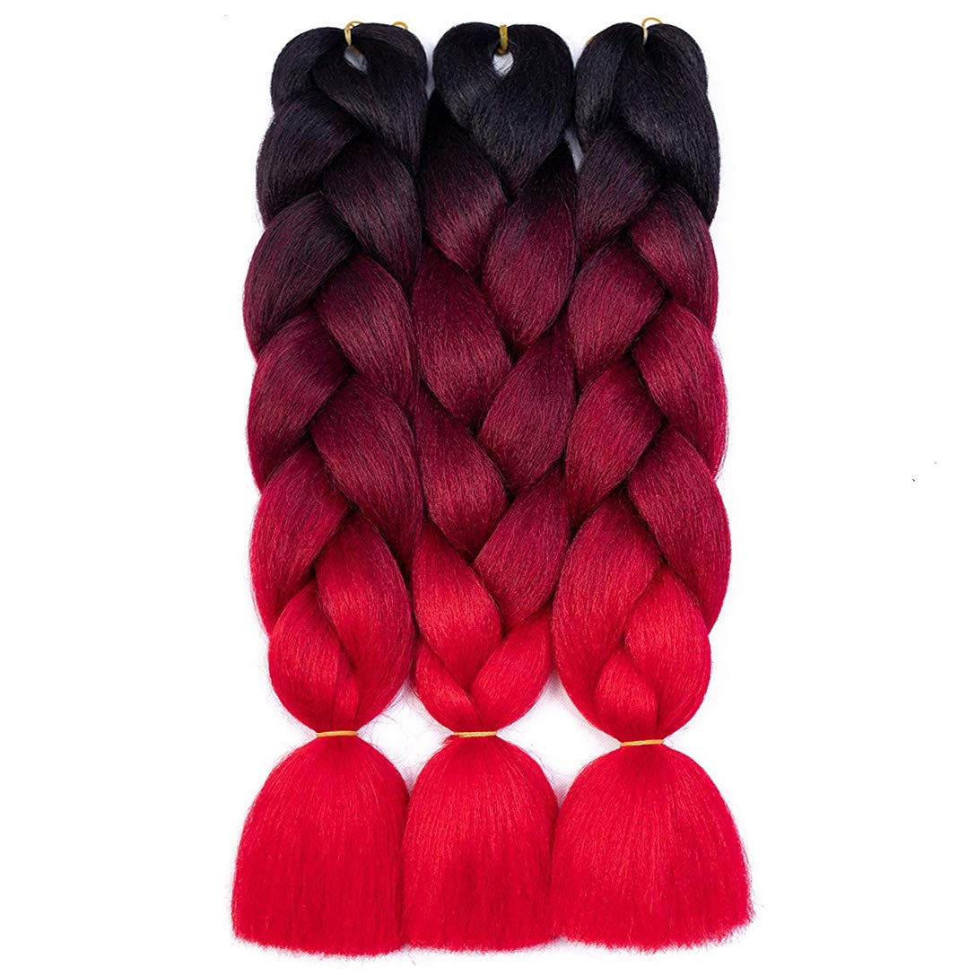 Ombre Red Burgundy Box Braids 3X Twist Hair Extensions Long Synthetic for  Women