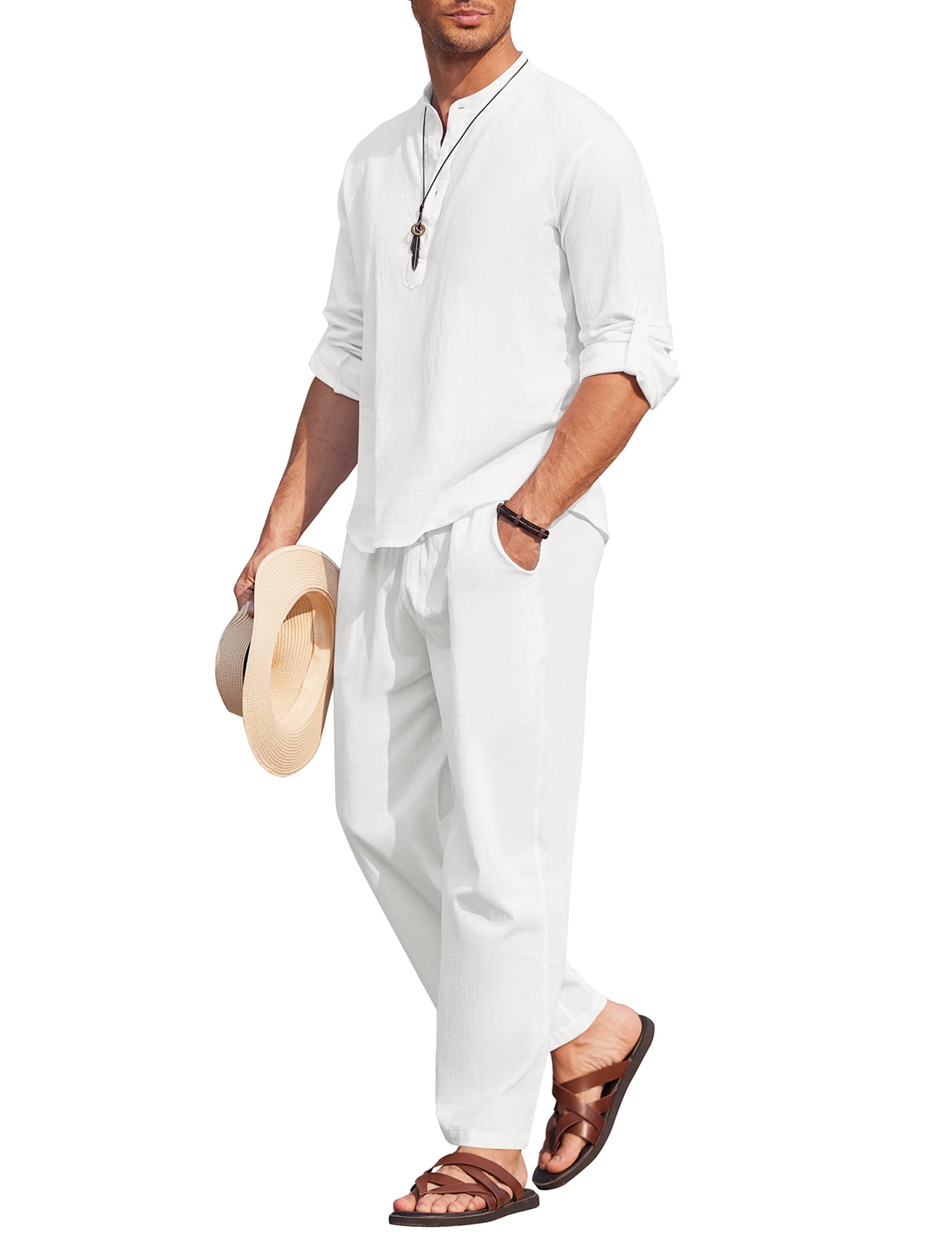 COOFANDY Men's 2 Pieces Cotton Linen Set Henley Shirt Long Sleeve and  Casual Beach Pants Summer Yoga Outfits