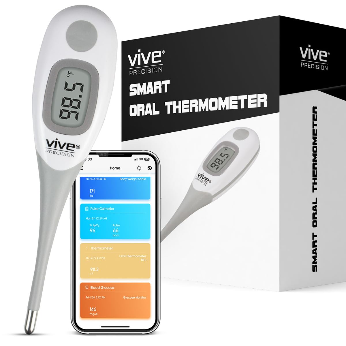 Vive Precision Smart Oral Thermometer - FSA/HSA Approved Medical Grade Body  Temperature Reader for Adults, Babies - Digital Fever Monitor with App for