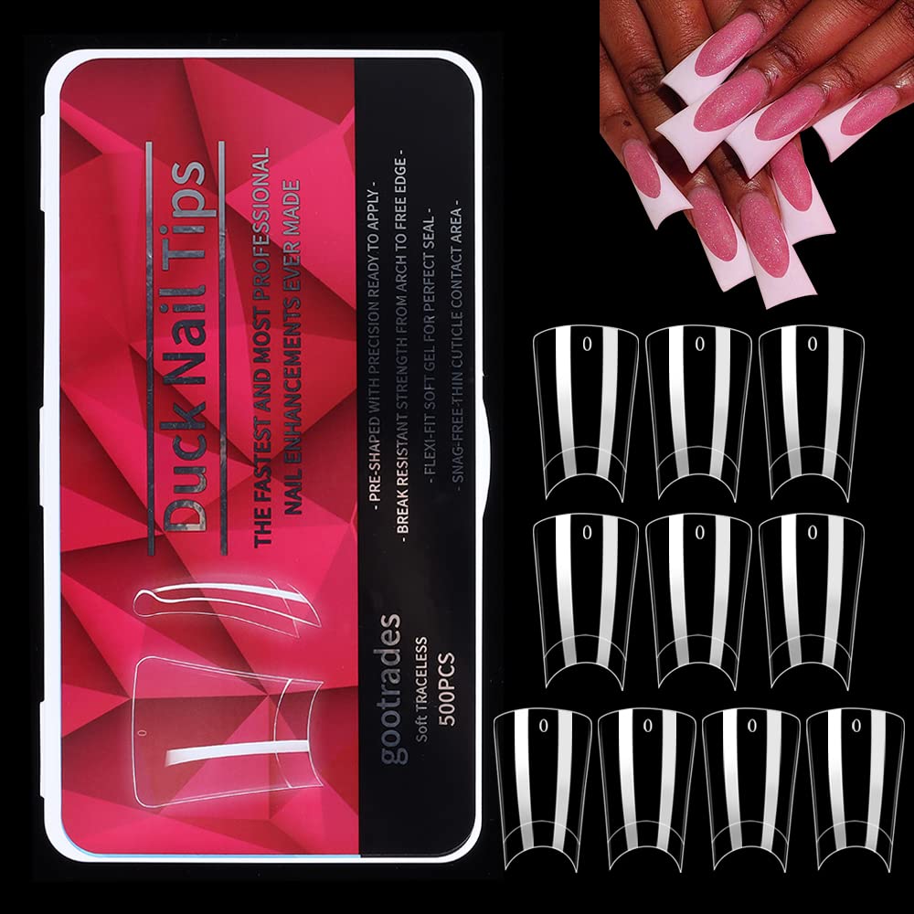 Duck Nail Tips 500Pcs Clear Duck Feet Fan Flare Tips for Acrylic Nails Y2K  Style Curved Nail Tips 10 Sizes Half Cover Wide French Nails with Box and Nail  Charms