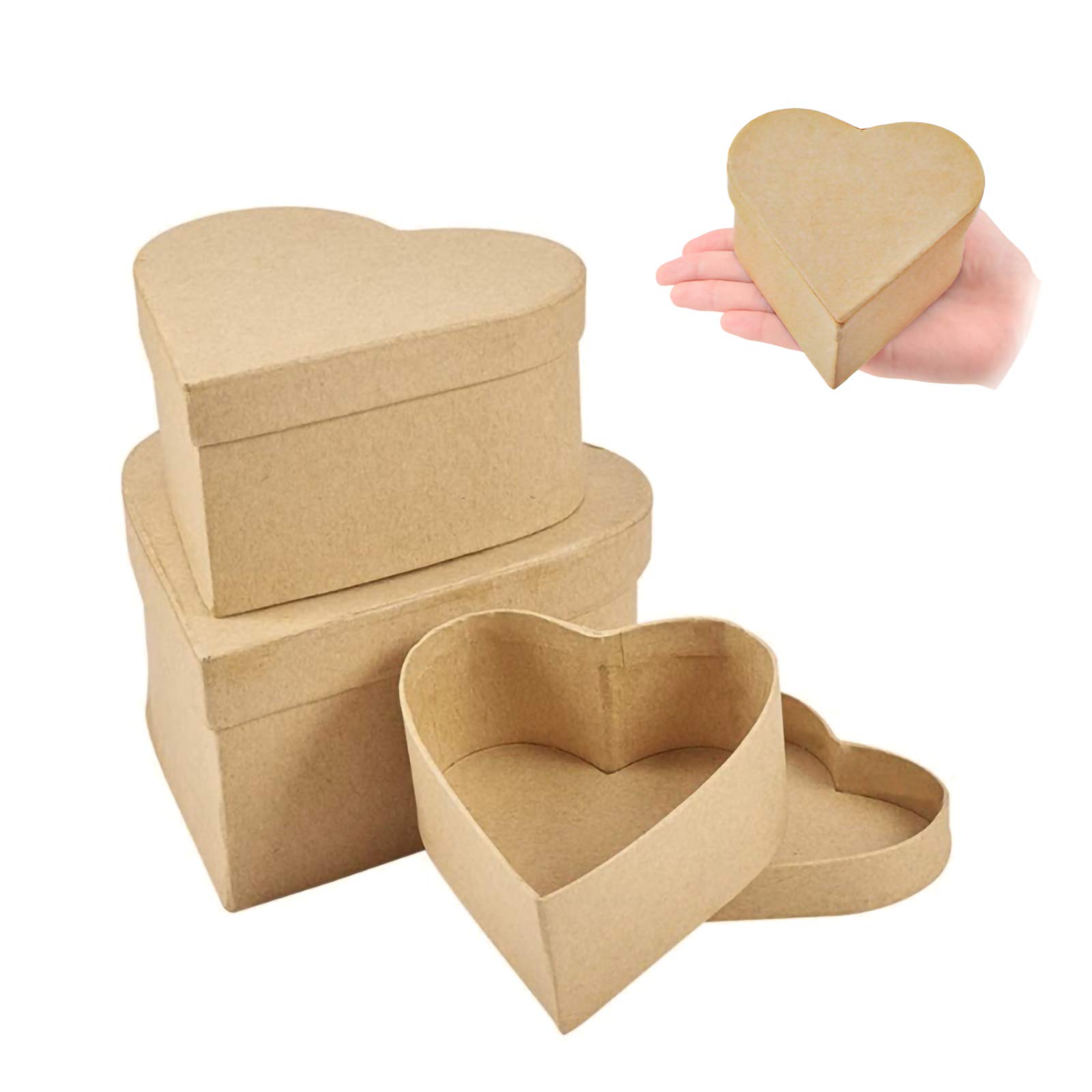 WANDIC Mini Paper Mache Boxes 3Pcs Small Palm-Sized Heart-Shaped