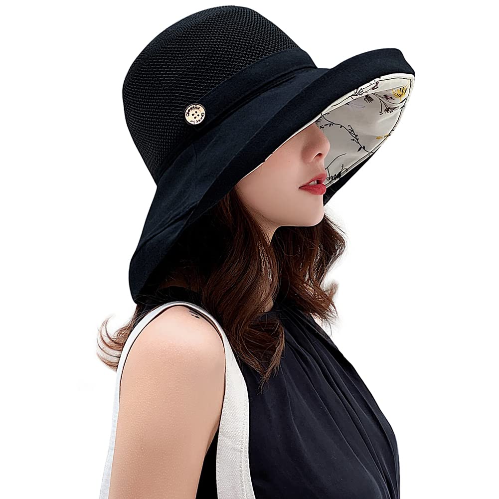 Women Mesh Sun Hats Summer Beach UV Protection UPF Packable Wide Brim Chin  Strap Black