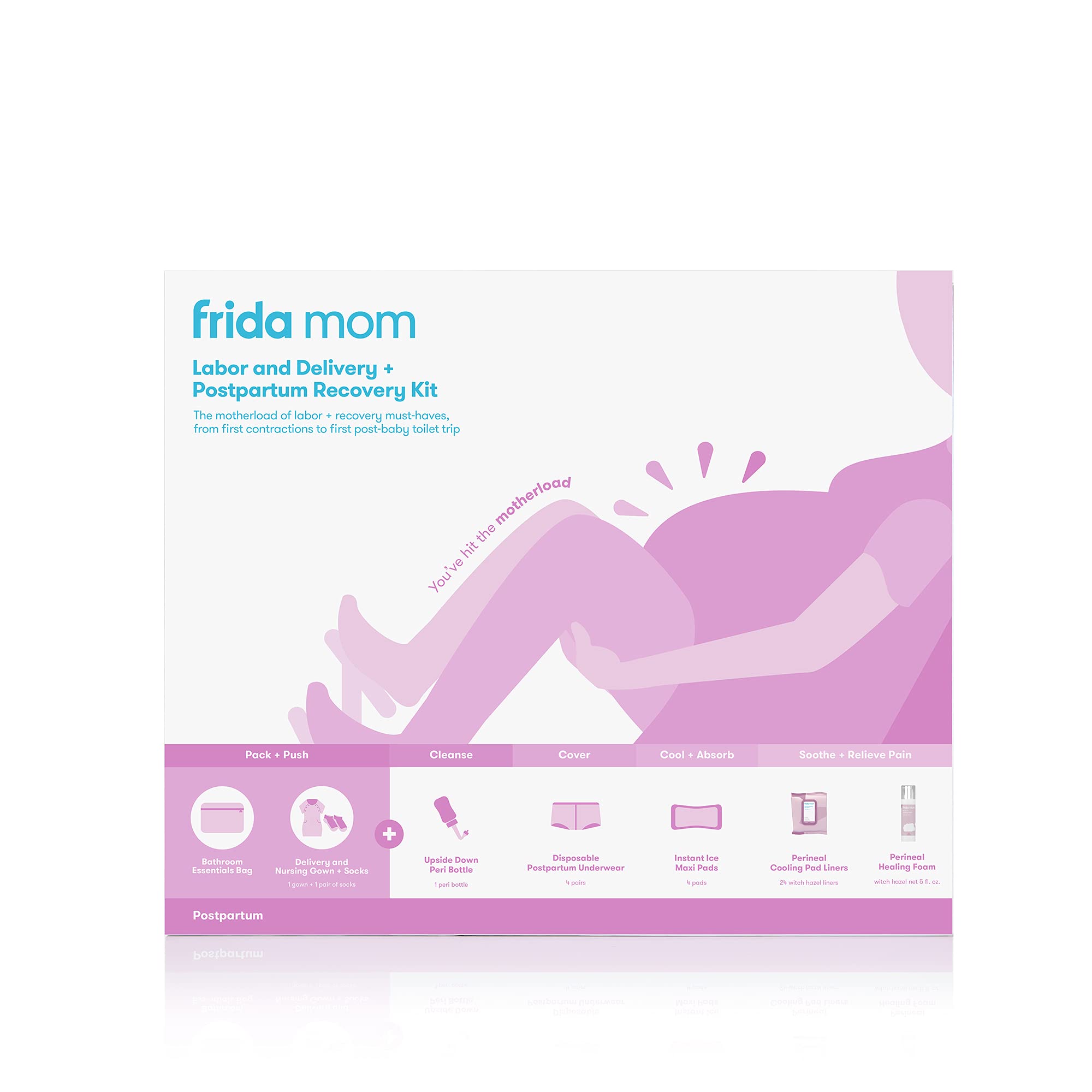 Frida Mom Hospital Packing Kit for Labor, Delivery, & Postpartum | Nursing  Gown, Socks, Peri Bottle, Disposable Underwear, Ice Maxi Pads, Pad Liners