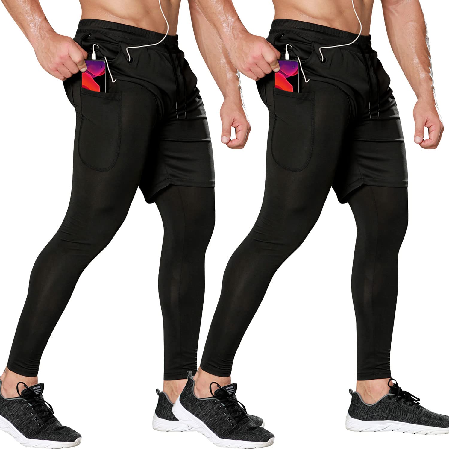 Odoland 2 Pack Mens Compression Running Pants 2 in 1 Quick Dry Athletic  Workout Sweatpants Shorts