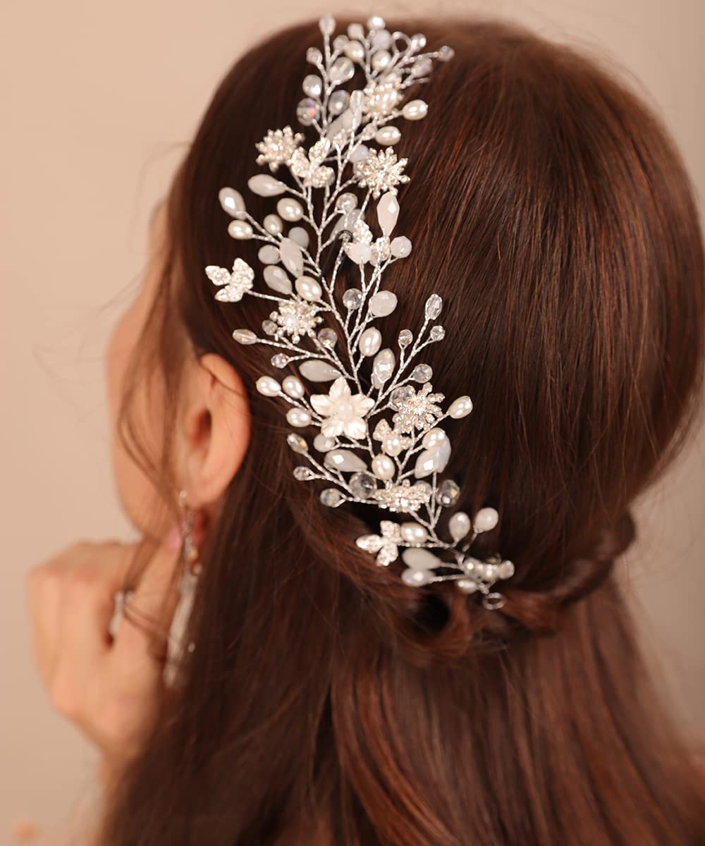 Xerling Wedding Flower Hair Vine for Brides Silver Crystal Hair