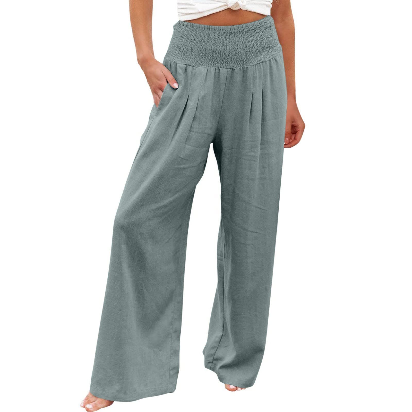 Women's Summer Linen Pants Casual Loose Drawstring Ruffle High Waist Wide  Leg Comfortable Pants for Women (Blue, S) at Amazon Women's Clothing store