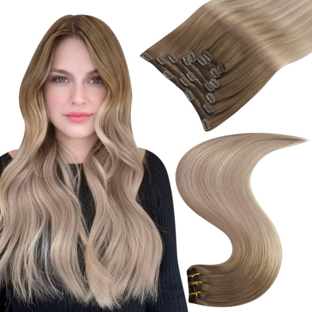 Easyouth Balayage Clip in Hair Extensions Real Human Hair Double Weft Clip  in Extensions Brown to Blonde Ombre Hair Extensions Clip in 22 Inch 120g  7Pcs 22 2-7Pcs Clip #8/60/18