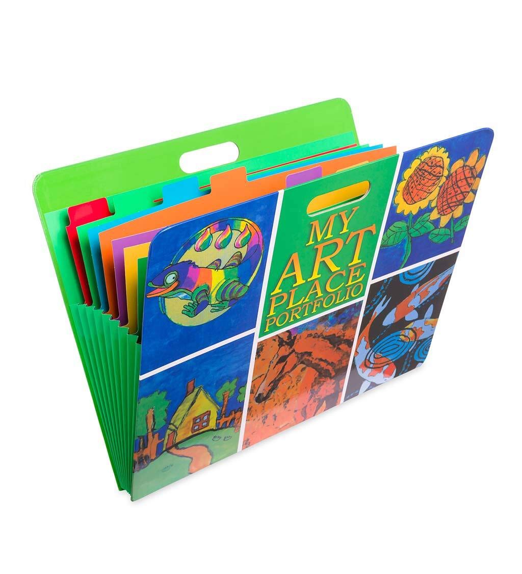 HearthSong Art Place Portfolio with Handles-8 Expandable Color Coded  Accordion Files for Organizing Children's Artwork-19 H x 15.25 W, Green