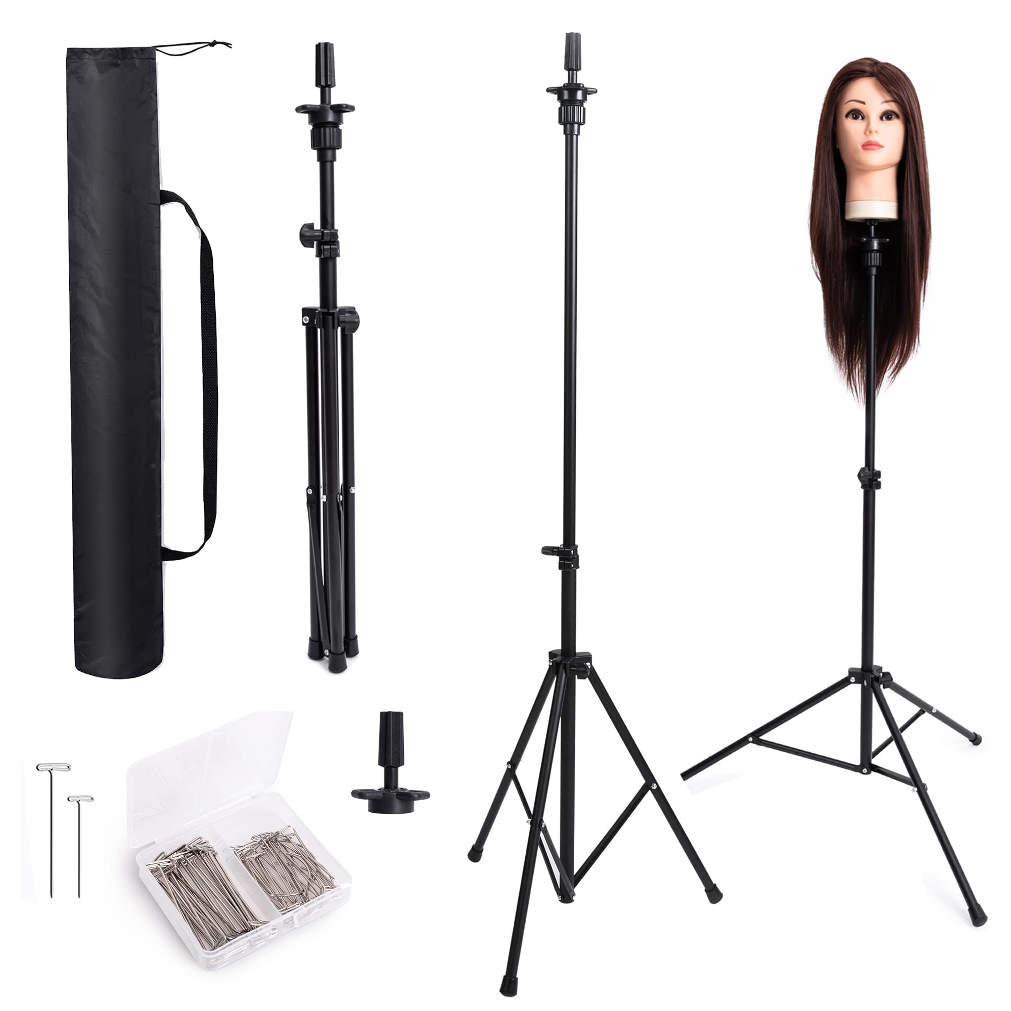 GOODOFFER PLACE Wig Head Stand Metal Mannequin Head Tripod Stand Adjustable  with Carrying Bag,30pc T-PIN for Maniquins Head Manikin Head Training  Canvas Block Head Hairextension Cosmetology Light Black