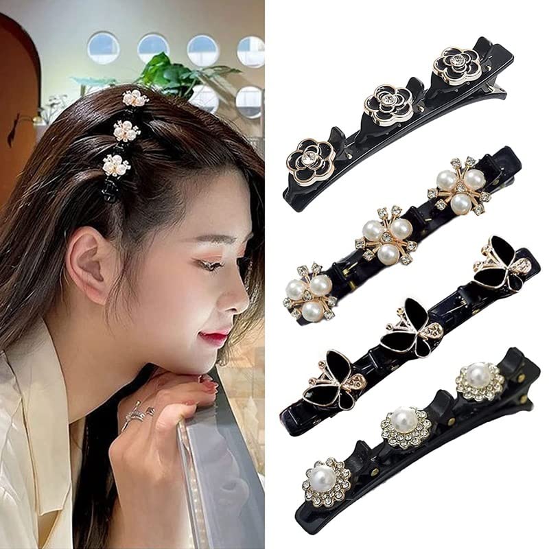 4PCS Sparkling Crystal Stone Braided Hair Clips for Women or girl Four-Leaf  Clover Chopped Hairpin