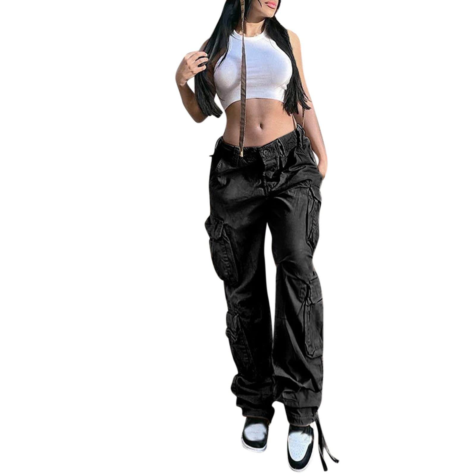 Gufesf Womens Baggy Cargo Pants Low Waist Loose Wide Leg Trousers with Big  Pockets Trendy Hippie Streetwear Y2K Clothes Ak-a-black Large