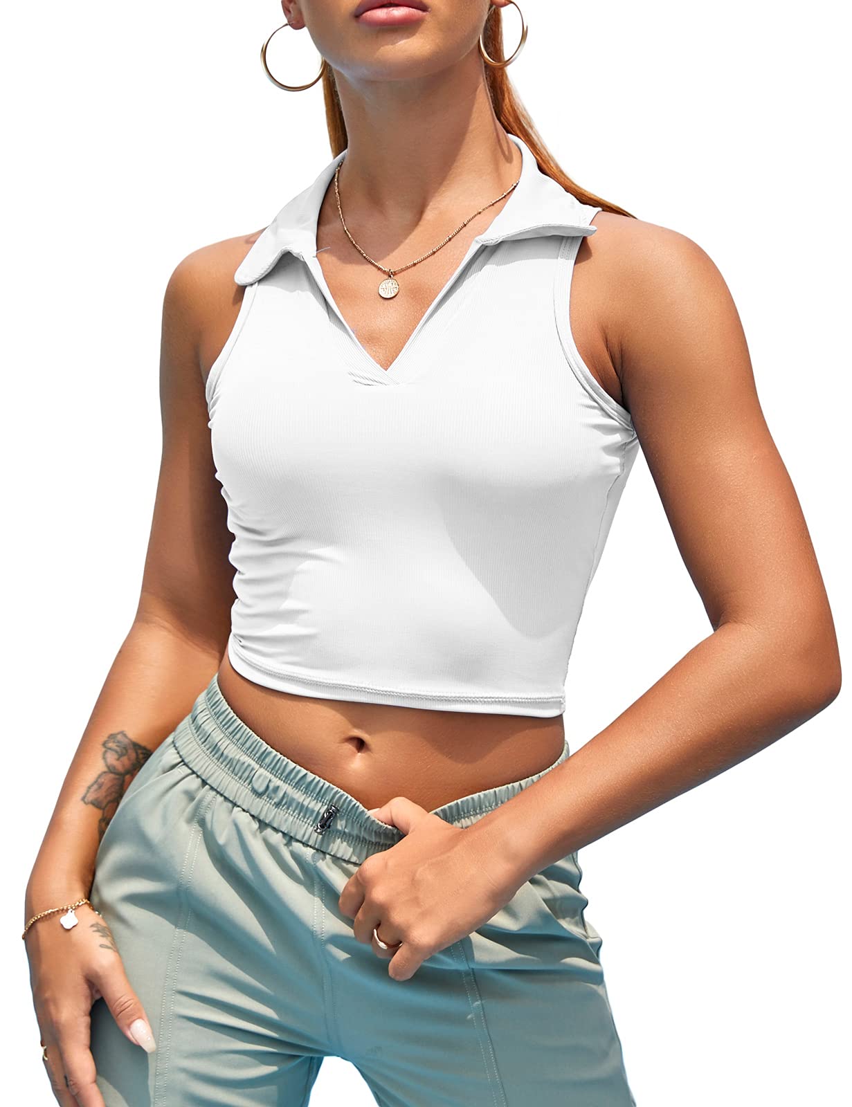 Women Workout Crop Top Built In Bra Ribbed Athletic Tank Tops Casual  Sleeveless Collar Shirts Padded Sports Yoga Vest White Small