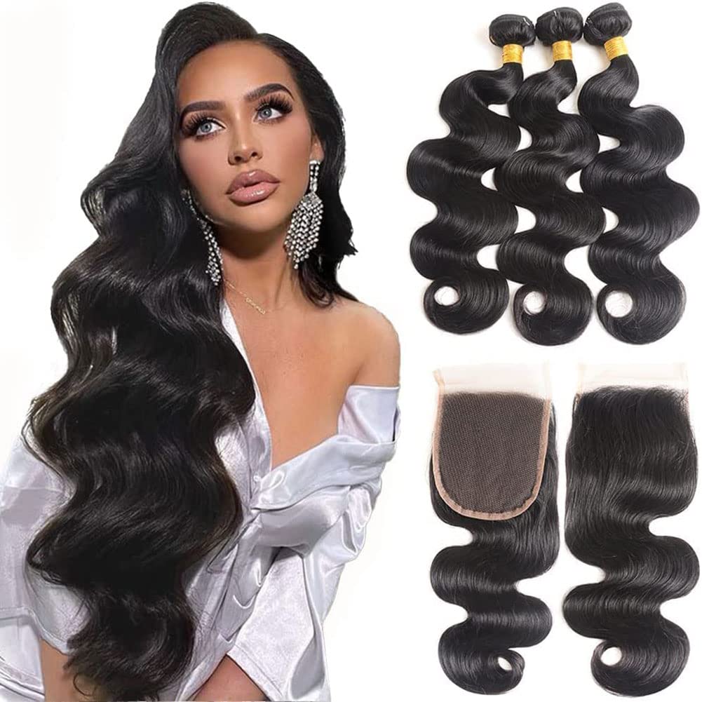 Body Wave 3 Bundles with Closure 100% Unprocessed Brazilian Body Wave Human  Hair Weave with 4x4 Free Part Lace Closure Natural Color (14 16