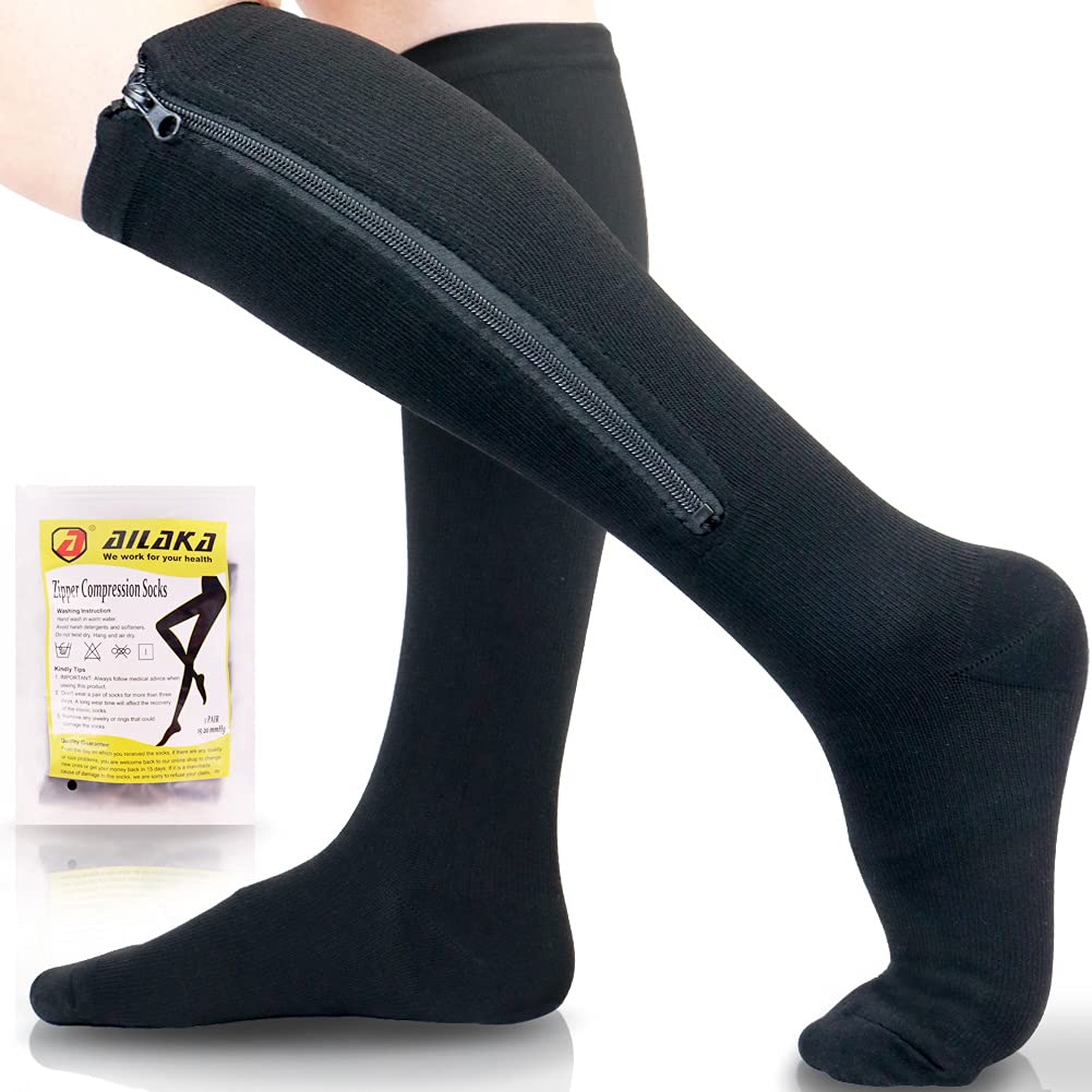 Ailaka 1 Pair Zipper Compression Socks 20-30 Mmhg For Women & Men Plus Size  Knee High Open Toe Firm Support Graduated Varicose Veins Hosiery For Edem