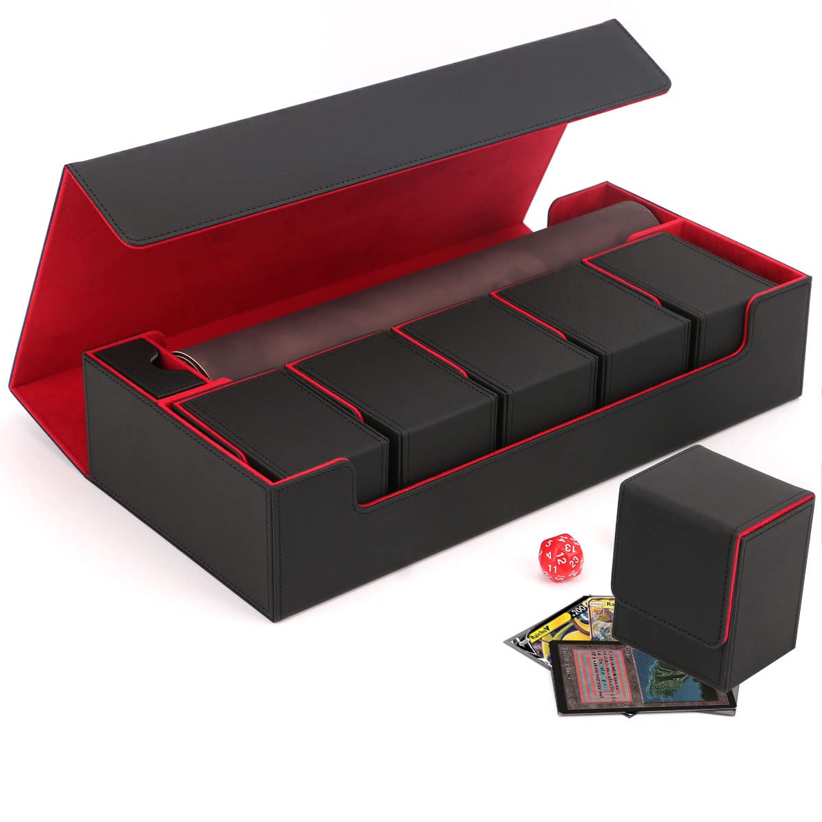 Scimi Premium Trading Card Storage Box TCG Deck Case Holds 800+ Sleeved  Cards for MTG, YuGiOh, Uno, TCG, Pokemon Cards, Sport Cards with Mat Case  and Strong Magnet Closure (Black & Red)