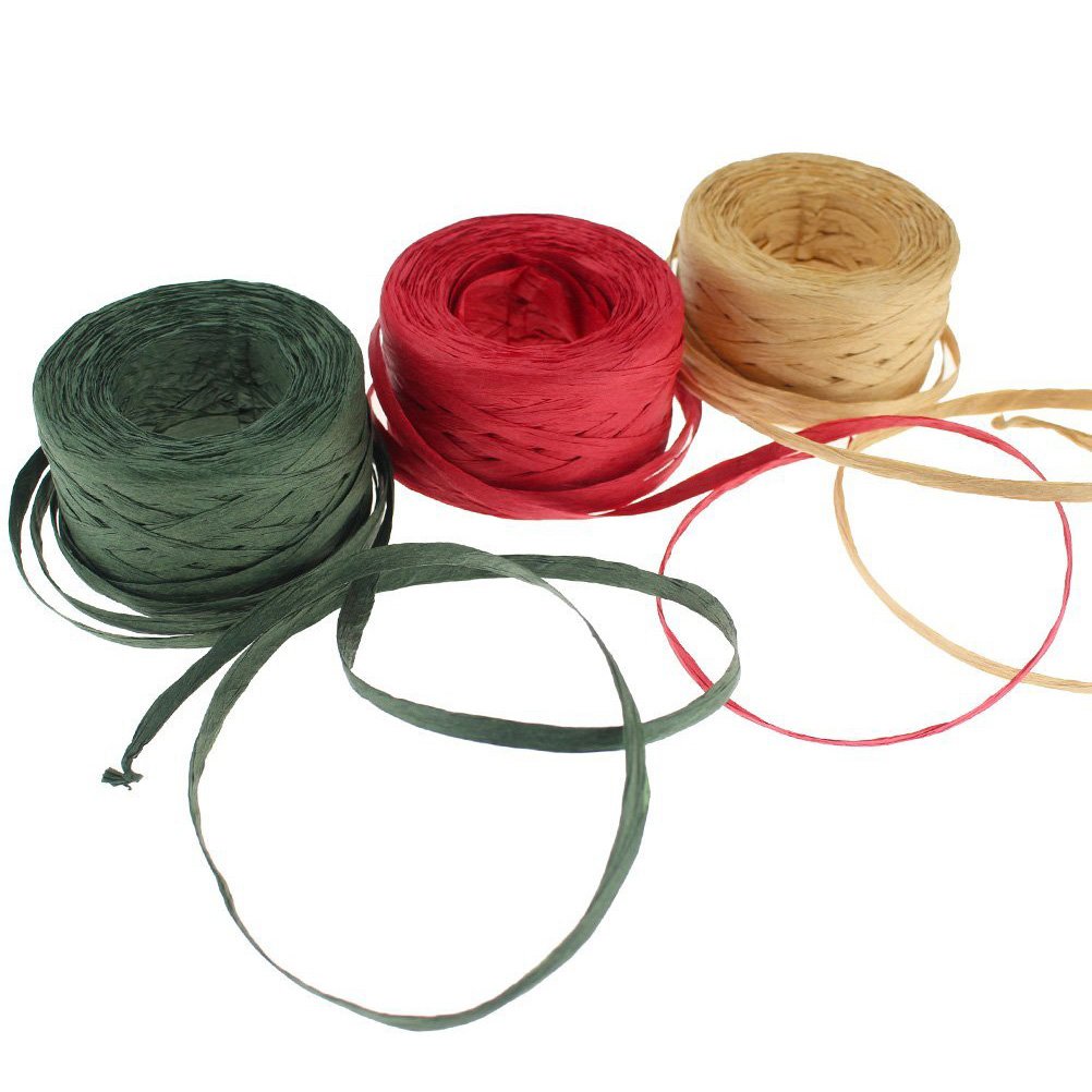 CREATRILL 3 Rolls Red Green Kraft 1/4 by 492 Feet Raffia Ribbon