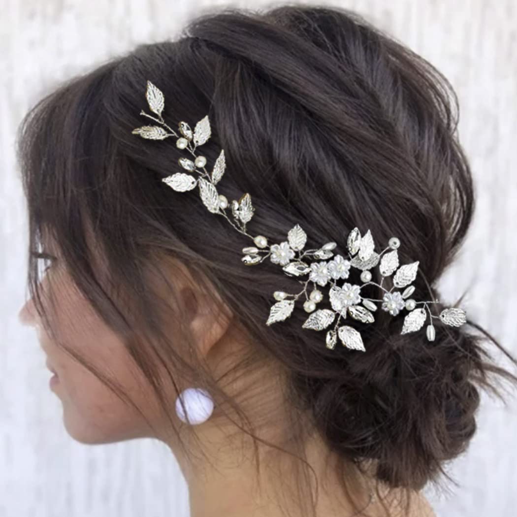 EASEDAILY Bride Wedding Hair Vine Silver Leaf Headpiece Pearl