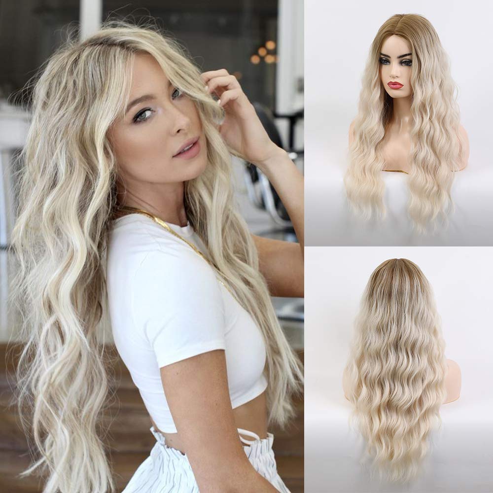 Long Wavy Blonde Wig for Women Natural Beach Wave Curly Hair