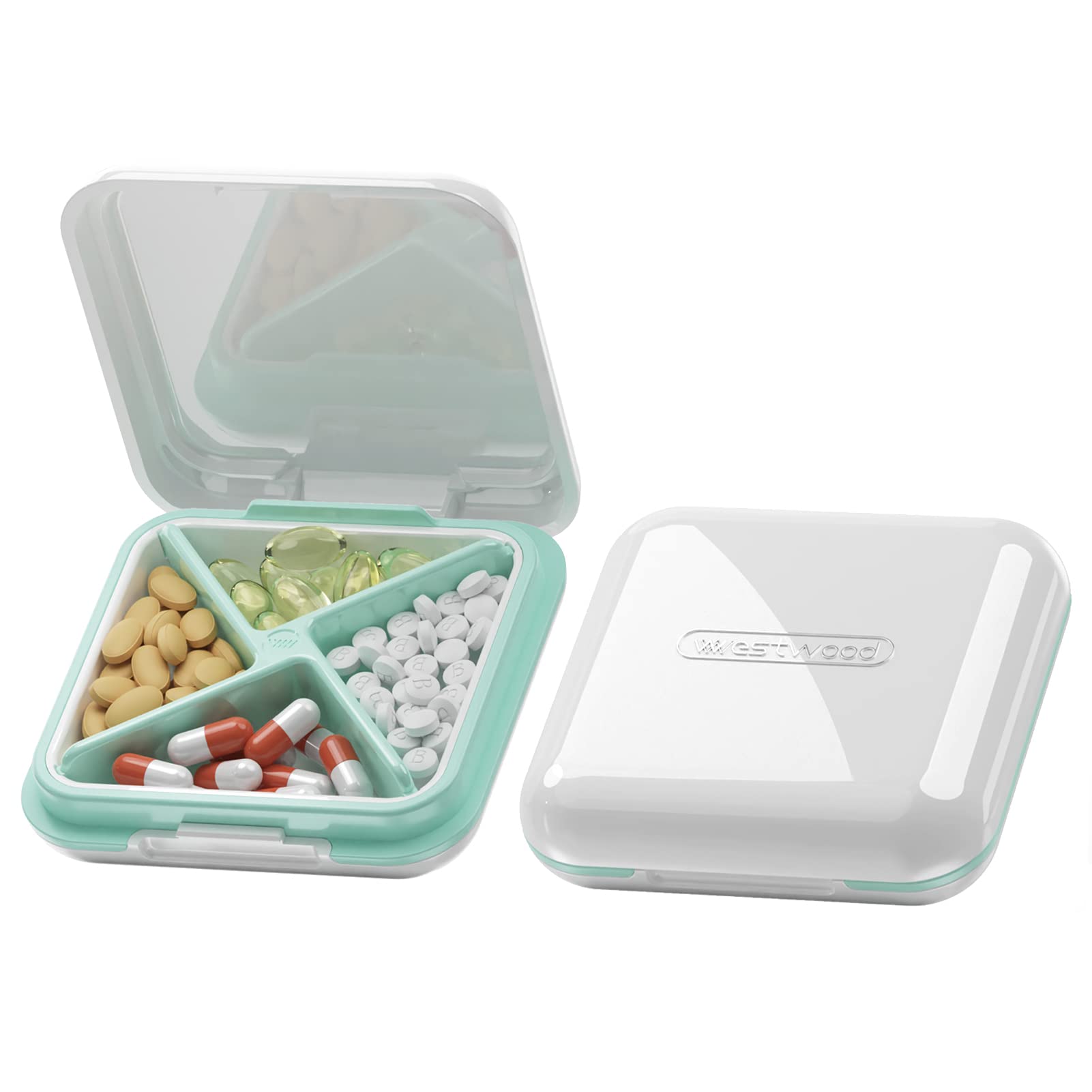 Pill Box Round for Travel - Mini Compact Portable 4 Compartment Pills