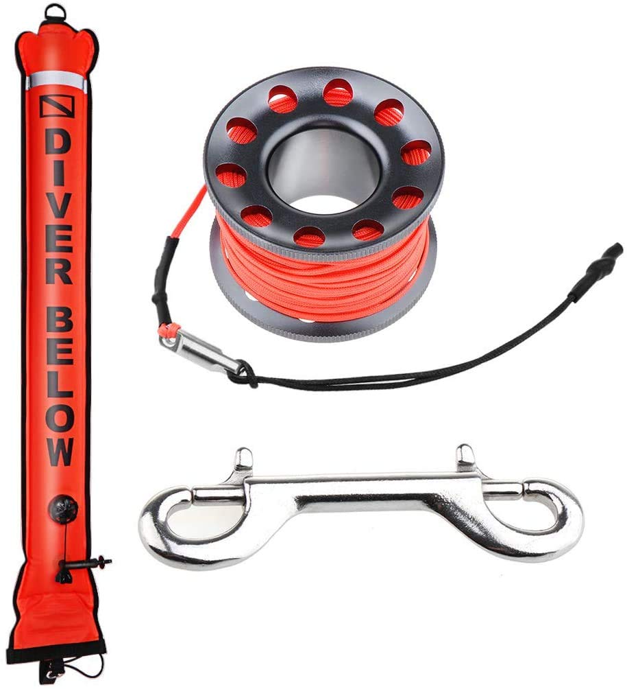 Seafard 4ft Scuba Diving Open Bottom Surface Marker Buoy (SMB) with 49ft Finger  Spool Alloy Dive Reel and Double Ended Bolt Clip 4FT Red SMB+Gray Reel