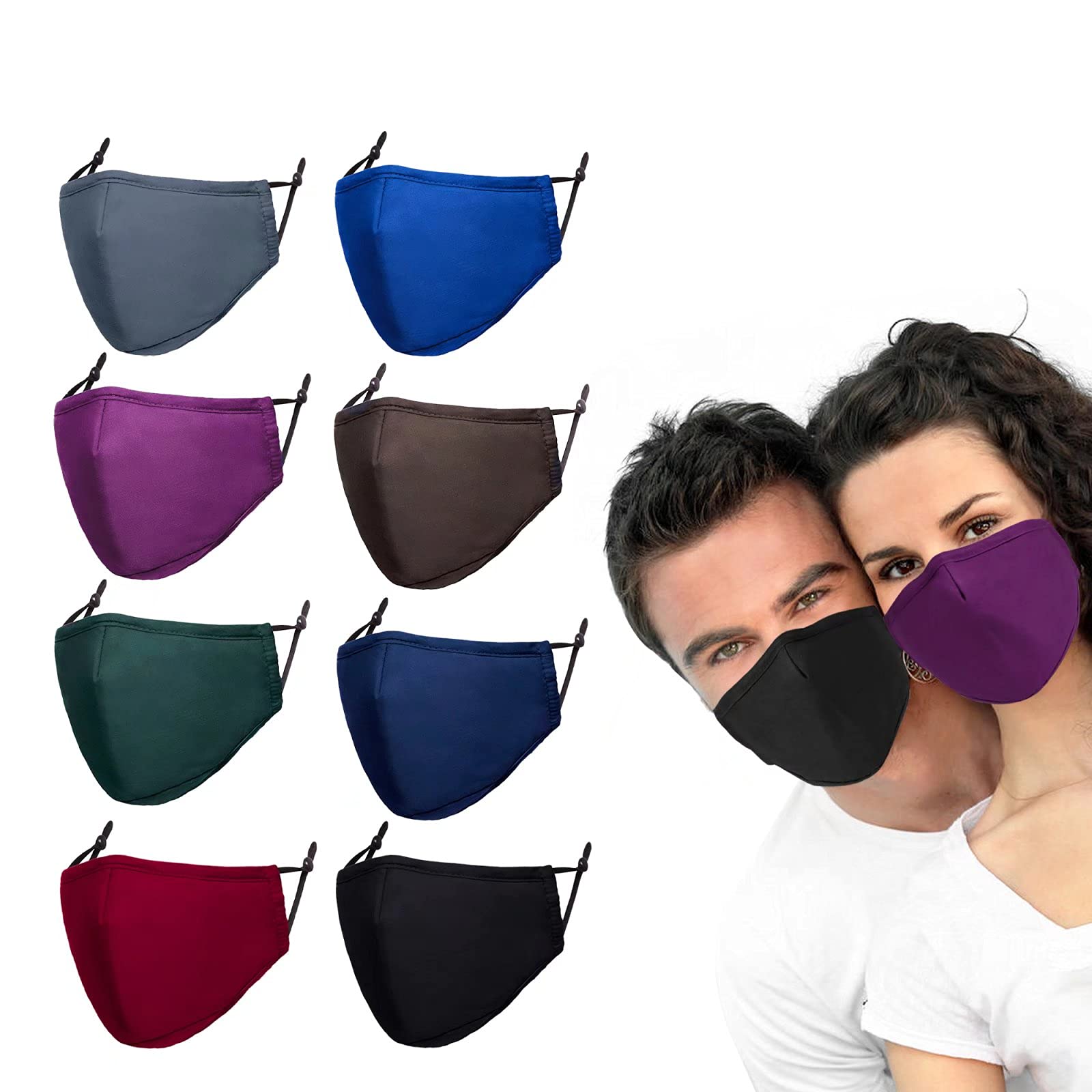 8 Pack Reusable Cloth Face Mask Washable with Adjustable Ear Straps & Nose  Wire Adult Cotton