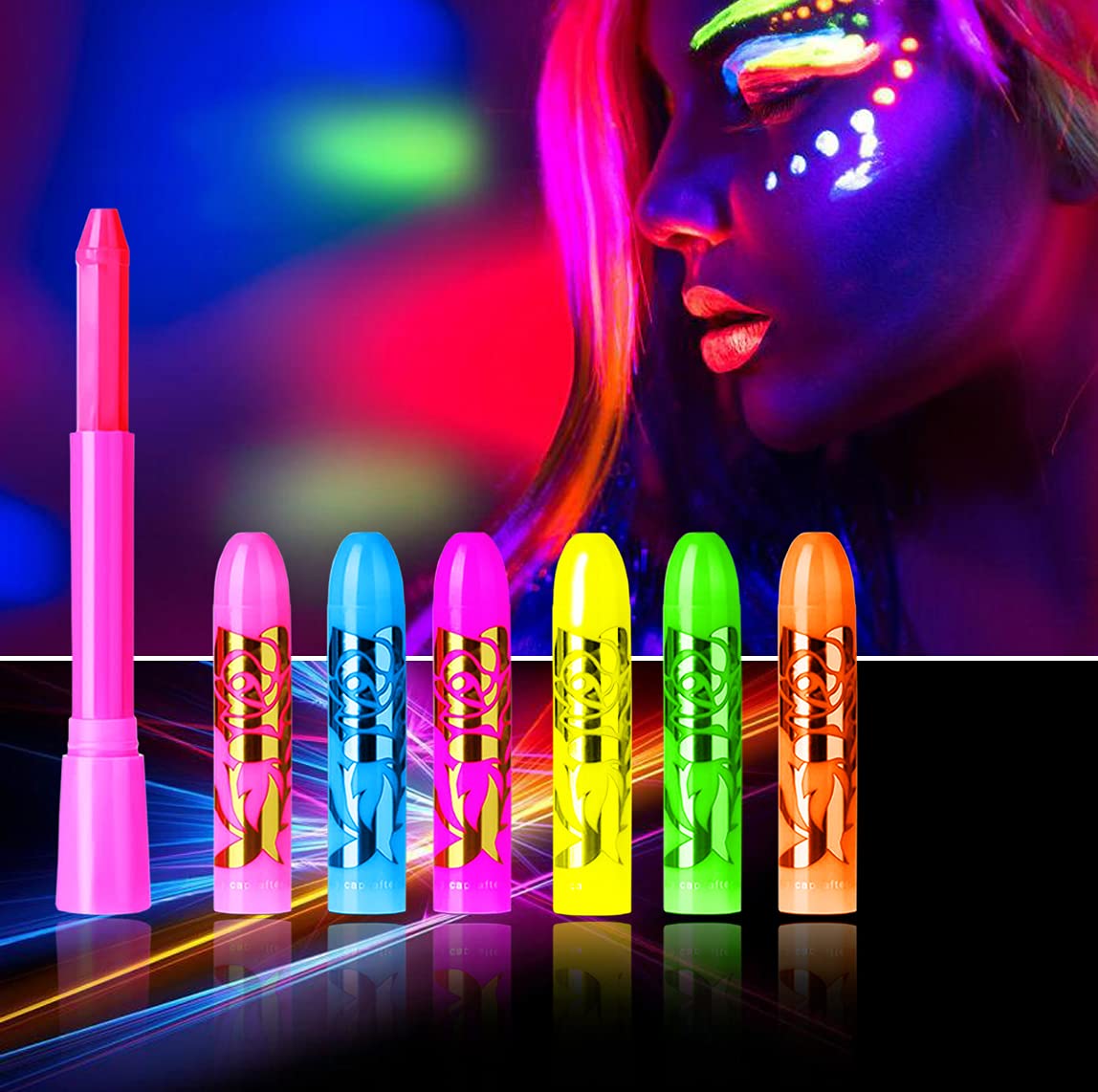Glow in The Black Light Face Paint Crayons Kit, UV Black Light Makeup Neon Face and Body Paint Sticks Markers for Mardi Gras Halloween Masquerades