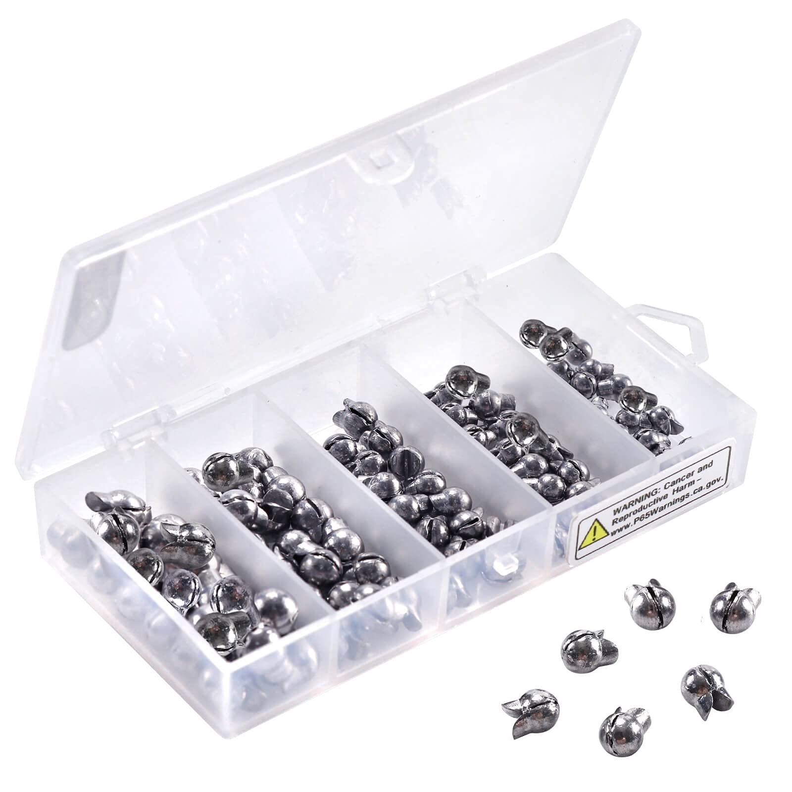 Alwonder 100PCS/Box Removable Split Shot Sinker Kit, 5 Sizes #BB, 3/0, 7,  5, 3, Egg Weights Sinkers Lead Fishing Weights Fishing Line Weight Clip on
