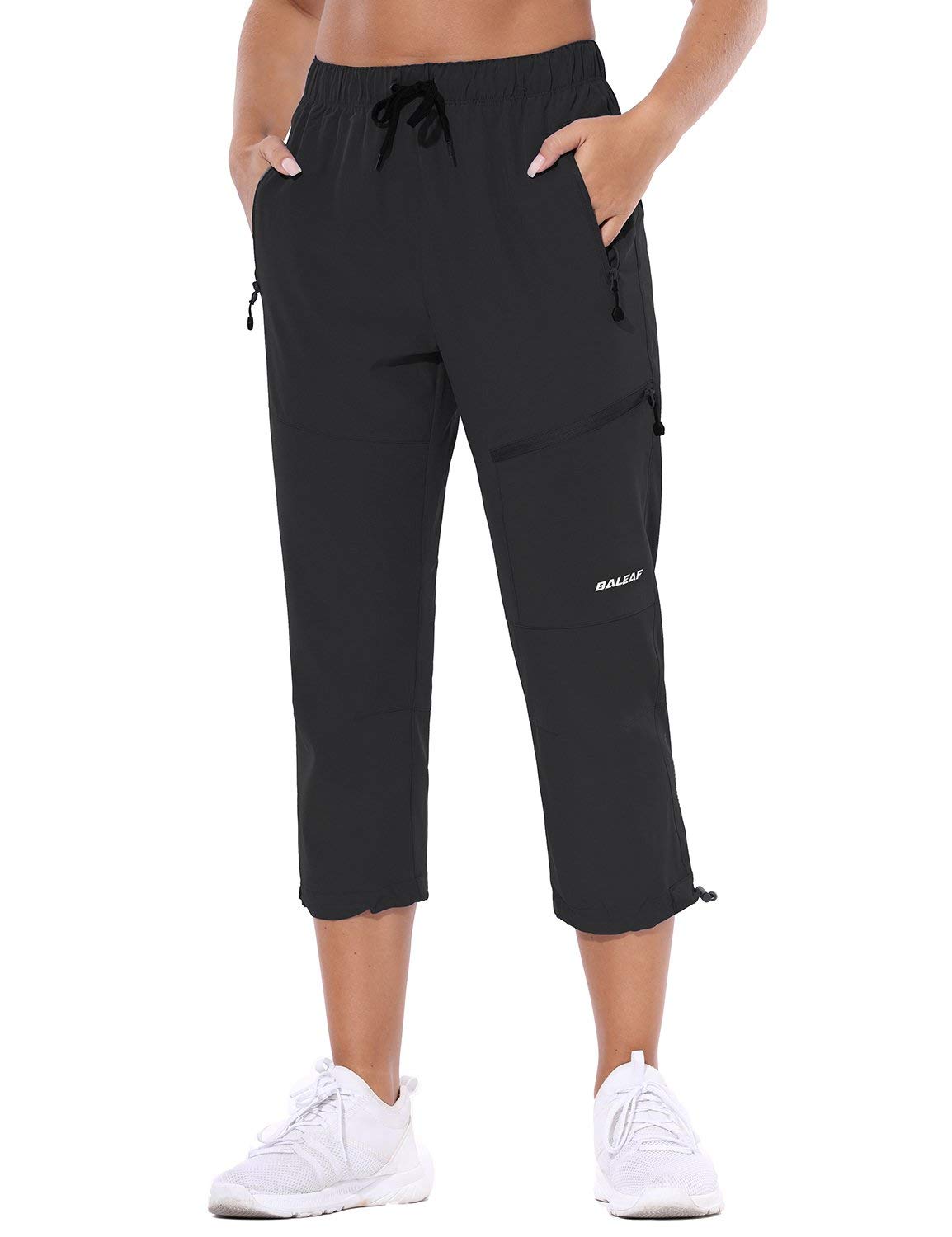 BALEAF Women's Hiking Cargo Capris Outdoor Lightweight Water Resistant Pants  UPF 50 Zipper Pockets 02-black-capri Large