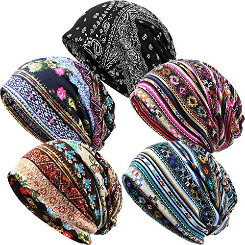 Syhood 5 Pieces Women Turban Sleep Cap Skull Cap Slouchy Beanie Soft Bonnet Hat Women for Sleeping Hair Loss