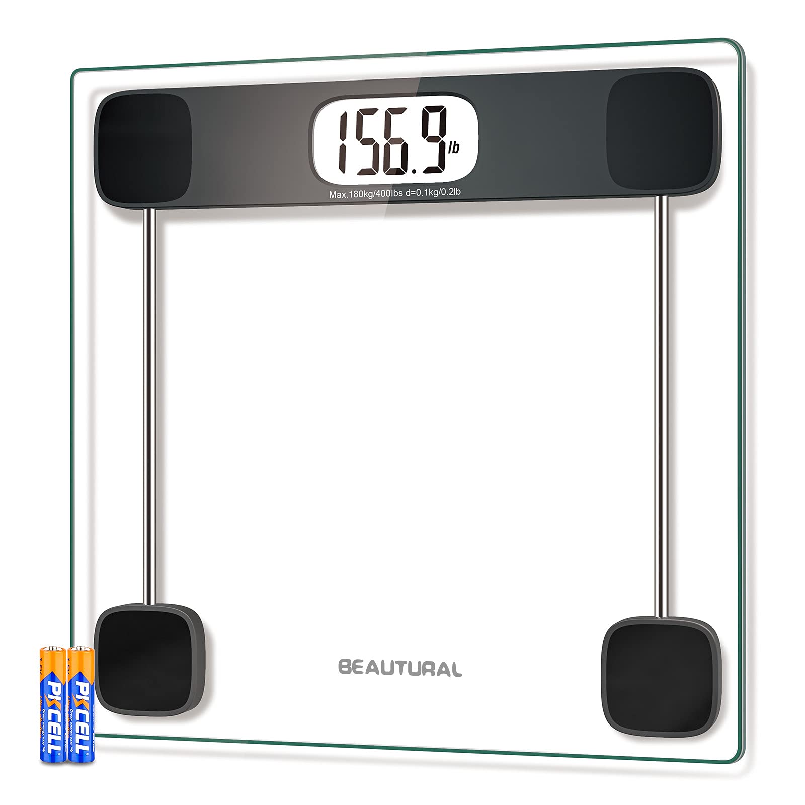 BEAUTURAL Digital Bathroom Scale for Body Weight, Accurate Weighing Scale  High Precision Bath Scale for People with Step-On Technology, LCD Display,  400lbs, Batteries and Tape Measure Included