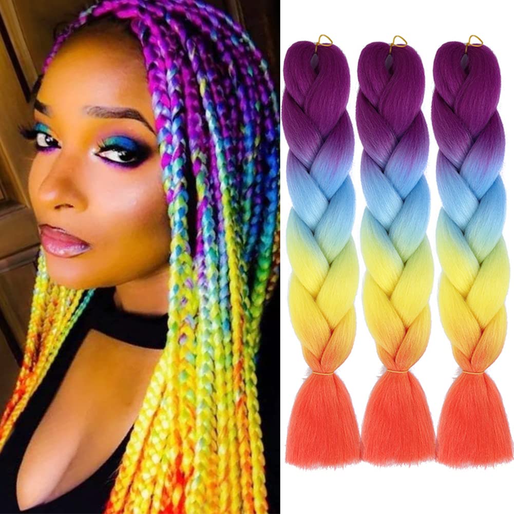 AFNOTE Ombre Rainbow Braiding Hair Extensions 24 Inch 3 Packs