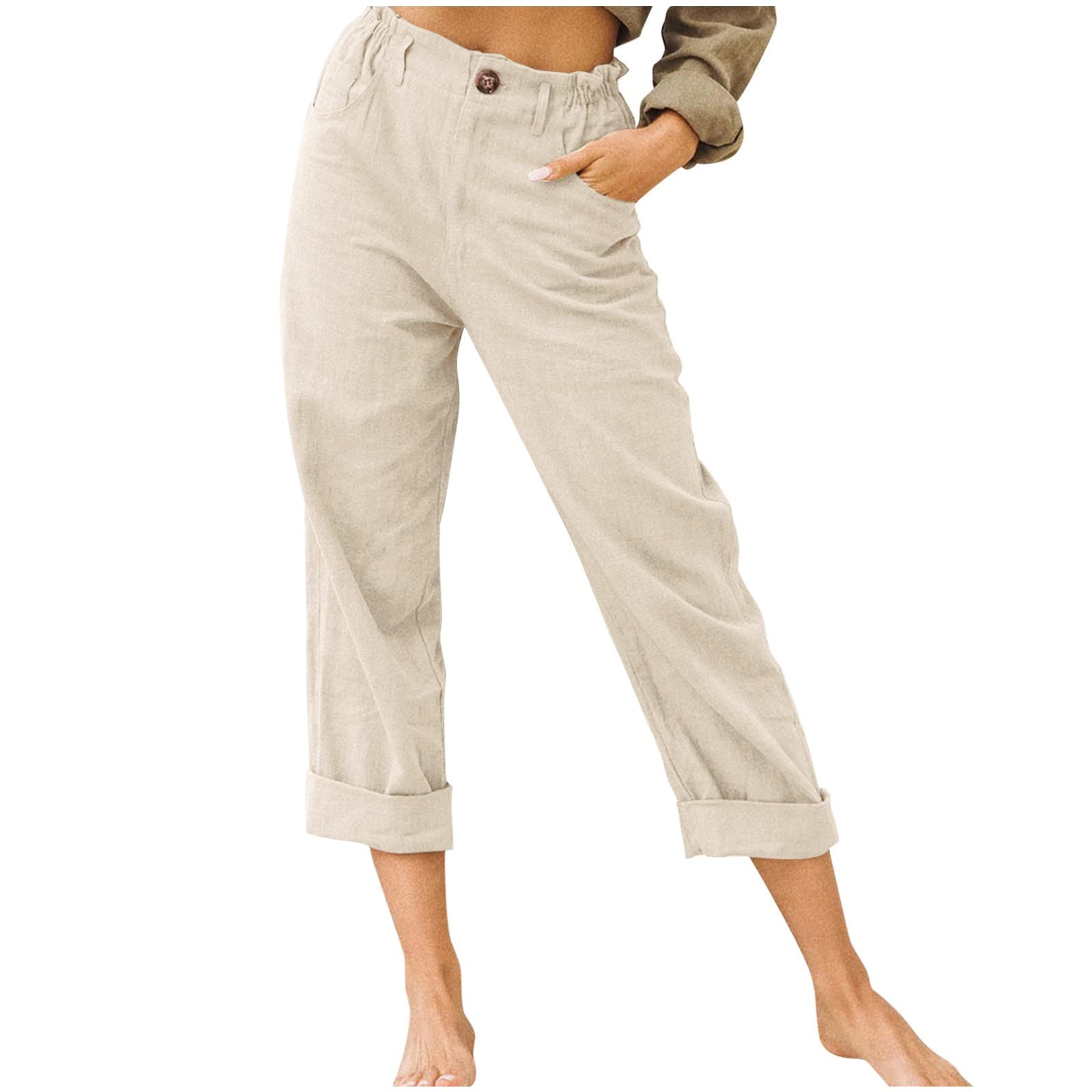 ceangrtro Crop Wide Leg Women's Capris and Cropped Pants Casual Linen Solid  Elastic Waist High Waist Linen Loose with Pockets Beige X-Large