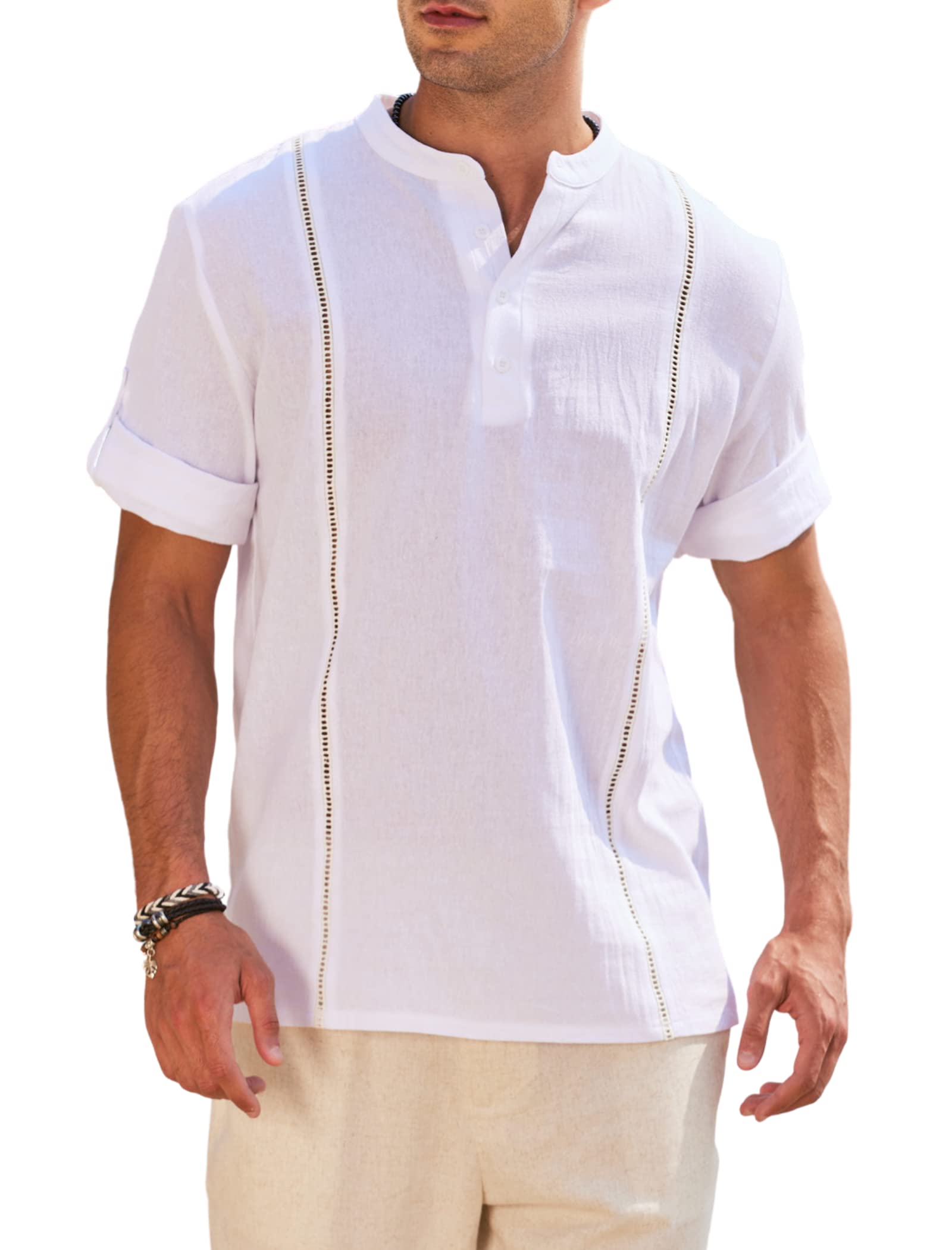 Deyeek Men's Linen Henley Shirts Short Sleeve Summer Beach Shirt