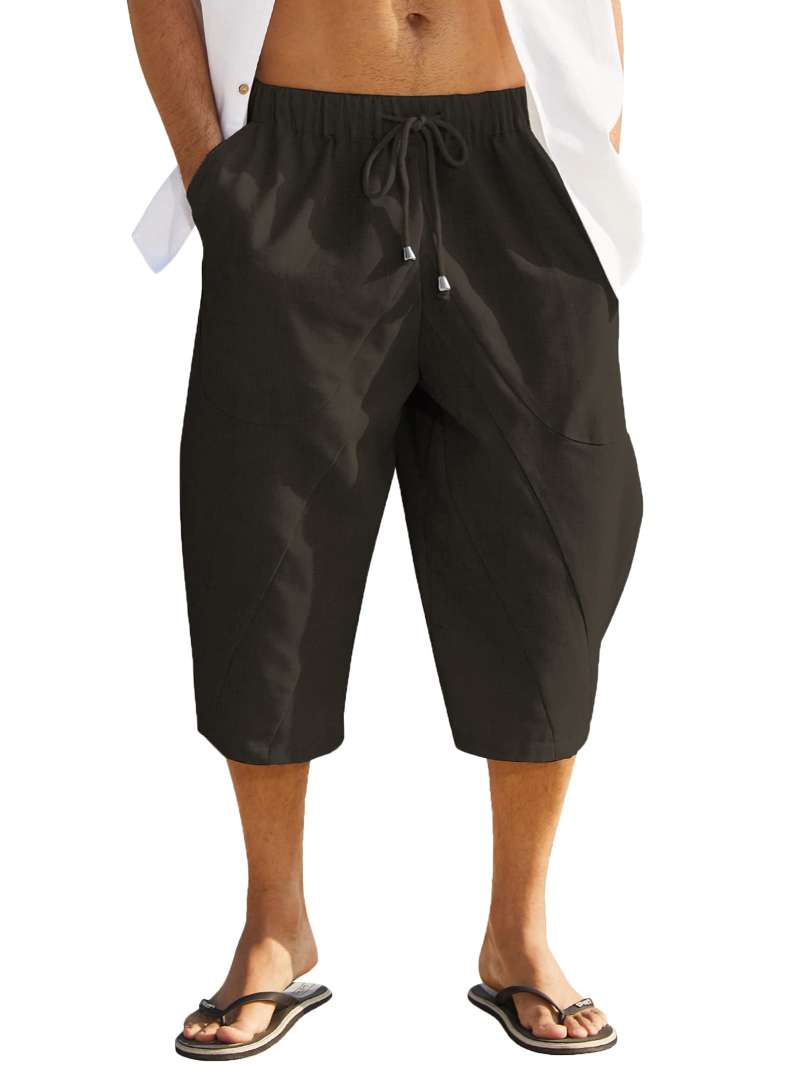 COOFANDY Men's Linen Harem Capri Pants Lightweight Loose 3/4 Shorts  Drawstring Elastic Waist Casual Beach Yoga Trousers, Coffee, X-Small :  : Clothing, Shoes & Accessories