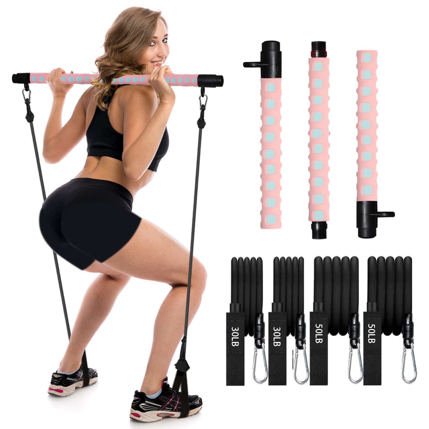 Adjustable Pilates Bar kit with 4 Resistance Bands, Portable
