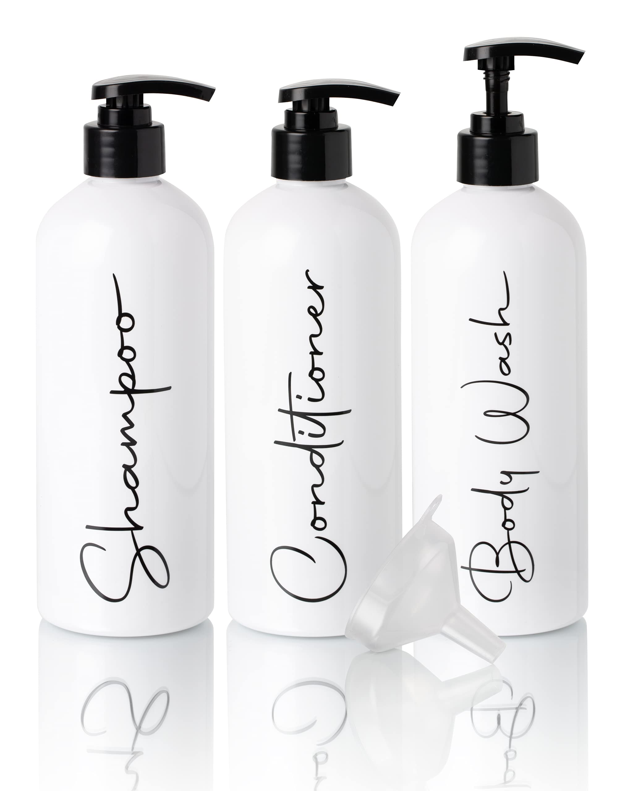 Alora 16oz Reusable Shampoo and Conditioner Bottles - Set of 3 - Easy to  Read Labels - Pump Bottle Dispenser for Shampoo, Conditioner, Body Wash -  Empty Plastic Refillable Containers for Shower Set of 3 (16oz) White