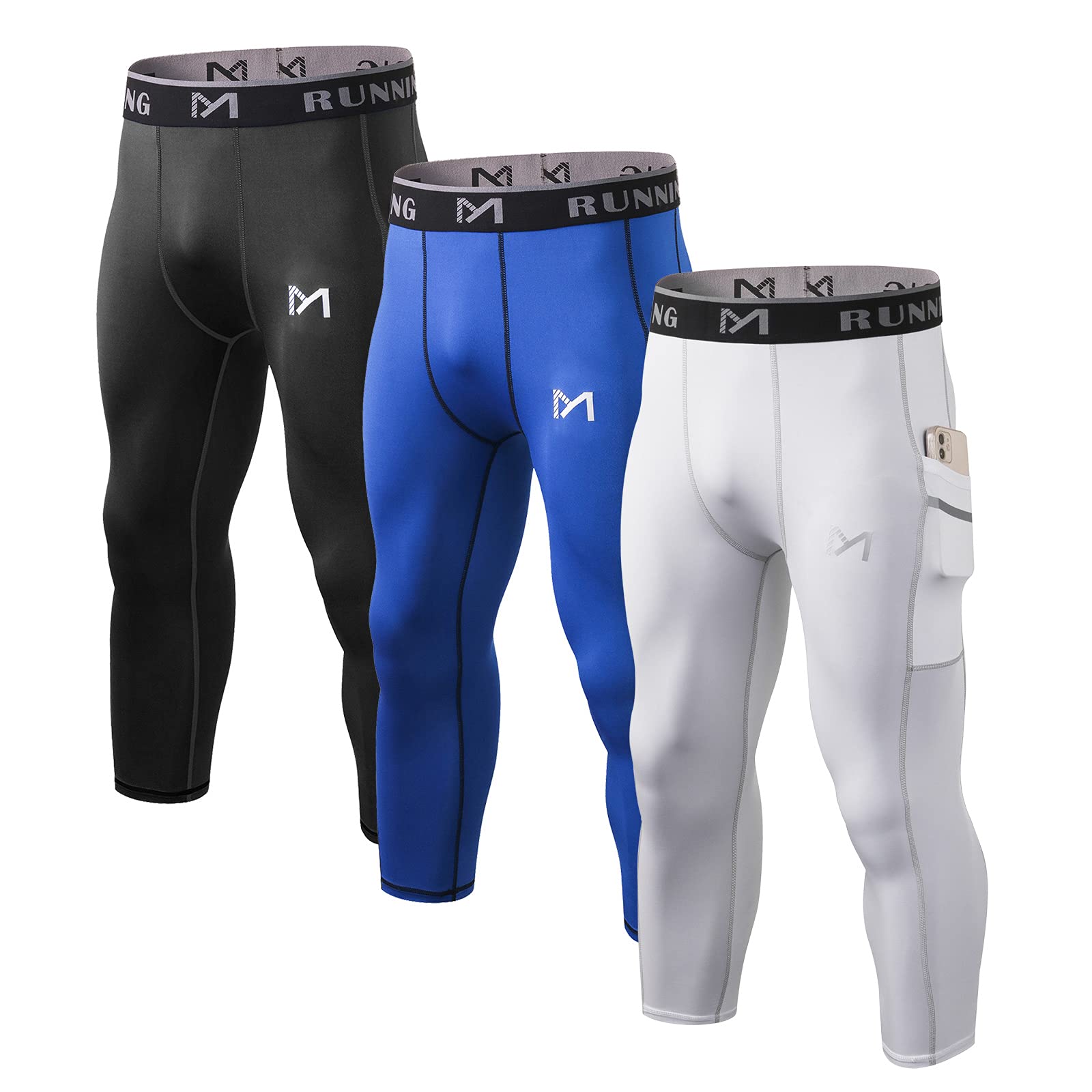 MEETYOO Men's 3/4 Compression Pants with Pockets X-Large Black+white+blue