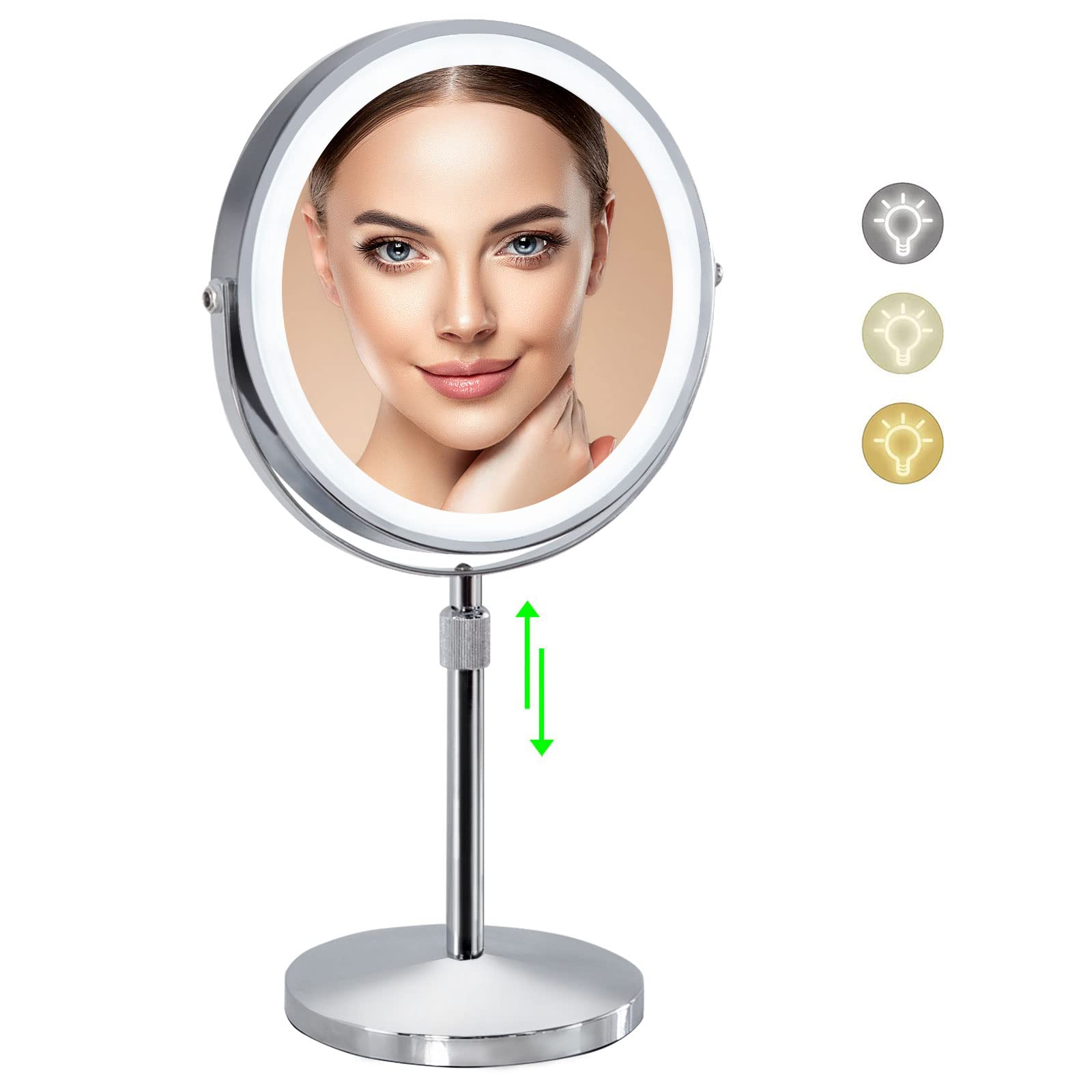 Lighted Makeup Mirror with 3 Color Lights Height Adjustable 10x