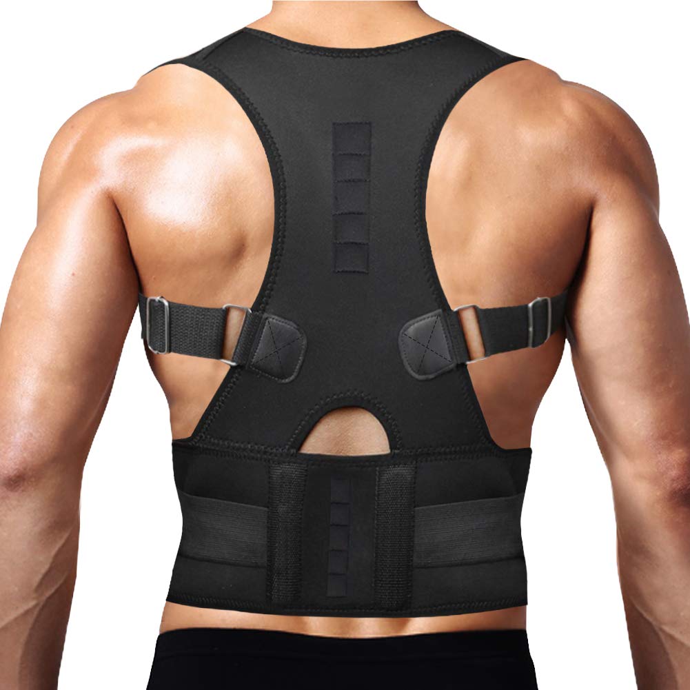 Thoracic Back Brace Posture Corrector - Magnetic Support for Neck Shoulder  Upper and Lower Back Pain Relief - Perfect Posture Brace for Cervical  Lumbar Spine - Fully Adjustable Belt (Black Large) Black