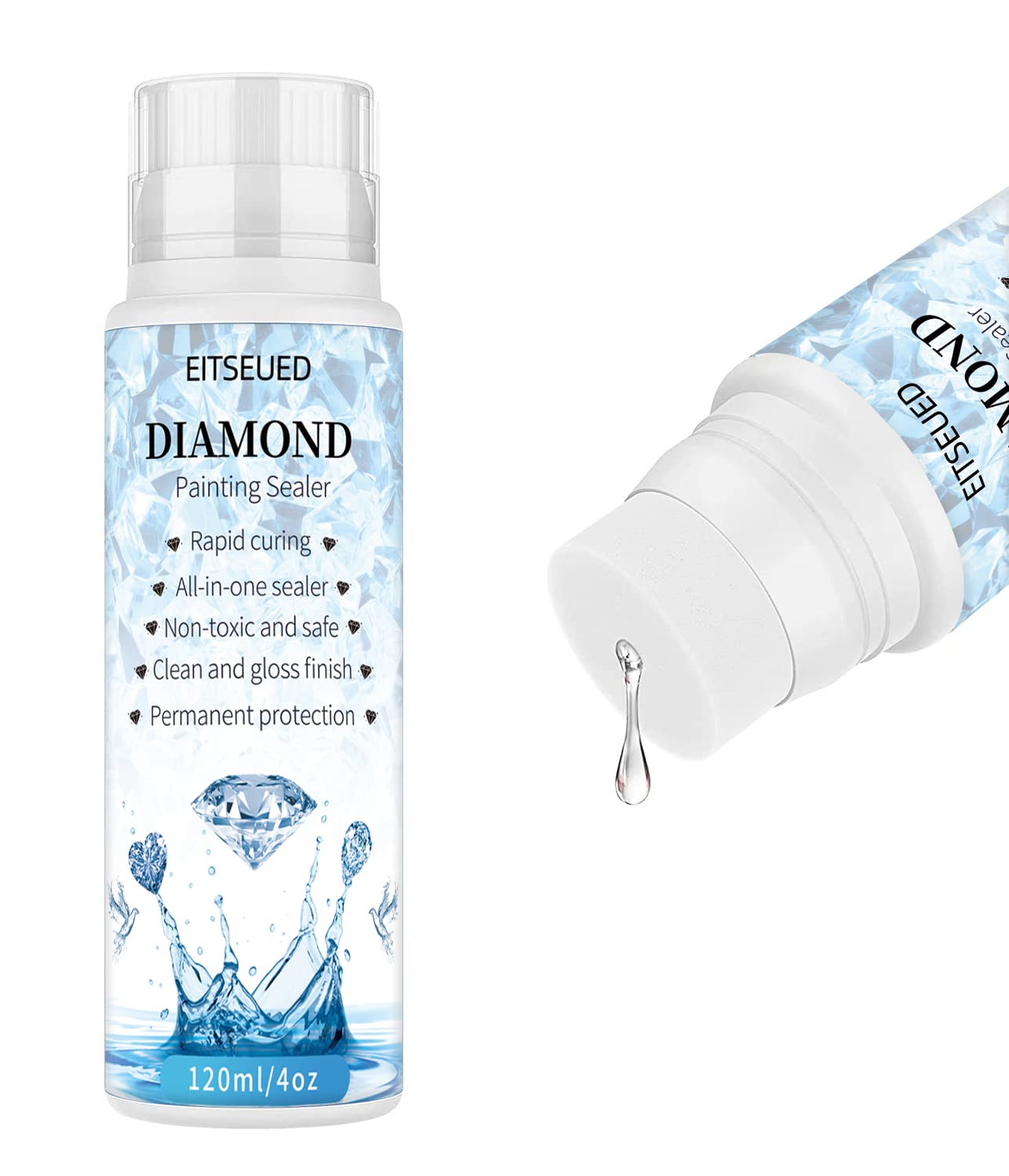 Eitseued Diamond Painting Sealer Diamond Painting Sealer 120ML with Sponge  Head 5D Diamond Painting Glue Permanent Hold & Shine Effect DIY Conserver  for Diamond Painting & Puzzle Sets (4 OZ) 120ML*1 Pack